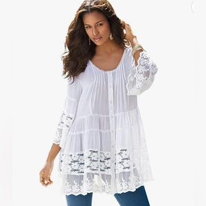 Roaman’s Plus Illusion Lace Shirt White Size 22